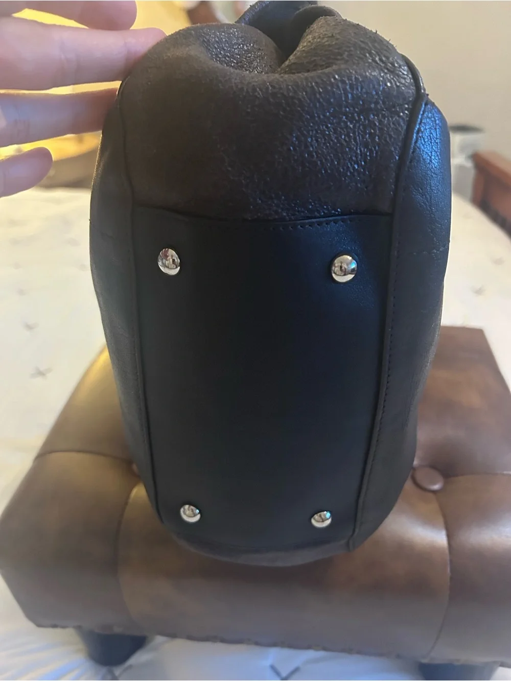 Furla dark brown mixed leather bag with Black Leather handles